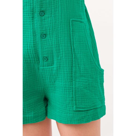 And The Why Button Up Tie Back Sleeveless Pockets Gauze Loose Fit Romper | Green - Picture 8 of 8